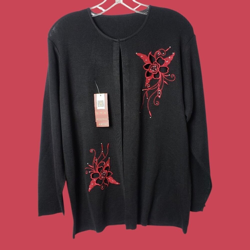 Jindini Collection Cardigan With Red Embroidered Floral Design  Large